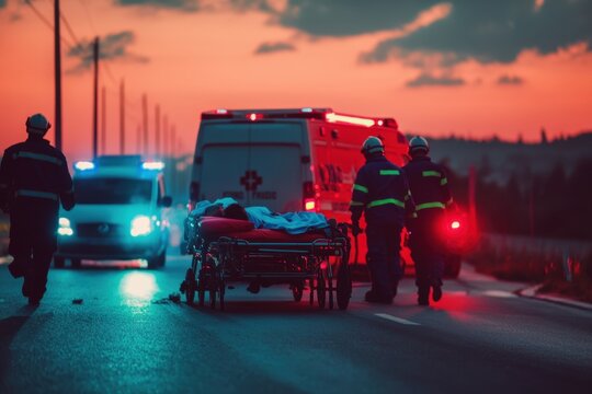 Urgent rescue operation by paramedic team at accident scene on highway at dusk emergency response dramatic lighting action-focused perspective