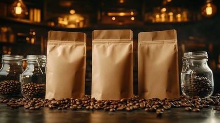 Three kraft paper coffee bags with roasted beans.