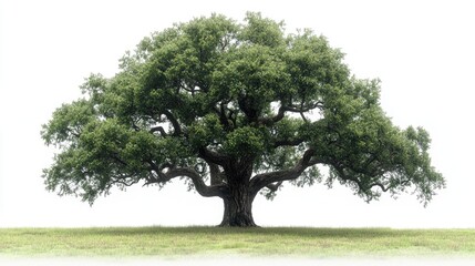 Fototapeta premium Majestic oak tree on grassy field, isolated on white background.