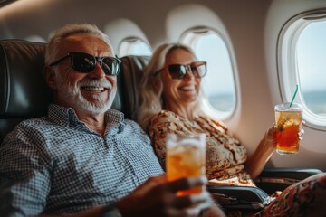 Enjoying refreshing drinks while traveling a joyful moment on an airplane lifestyle in-flight relaxation upbeat atmosphere