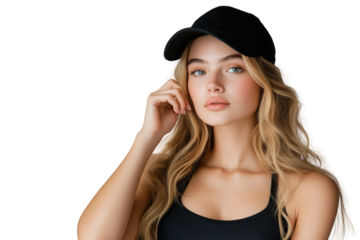 A young woman with long blonde hair, wearing a black cap, poses thoughtfully against isolated PNG transparent background.