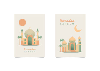 High-quality Islamic Ramadan Greeting Cards. Modular mosque illustration in halftone vector style. Ideal for Islamic-themed projects.