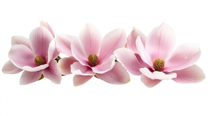 Three pink magnolia blossoms isolated on white.