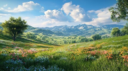 Obraz premium Idyllic Mountain Landscape with Fresh Green Meadow