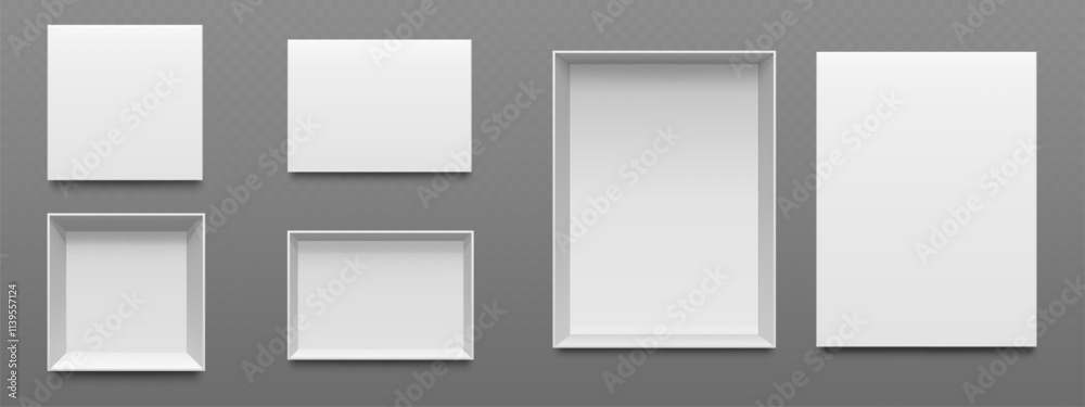 Poster top view empty open and closed white boxes mockup set on grey background. different sized rectangula