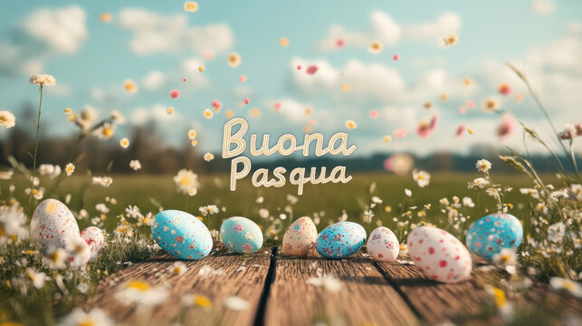 Happy Easter banner background with written in Italian language Buona Pasqua to celebrate Easter and Spring season