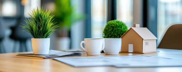 Cozy table setup featuring coffee cups, brochures, and a welcoming atmosphere for meetings or casual gatherings.