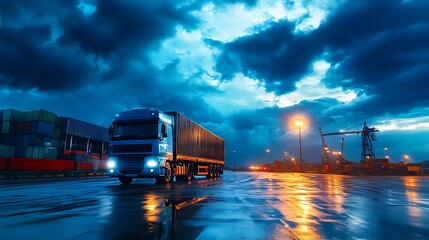 Fototapeta premium Truck at night port, cargo transportation, logistics, delivery
