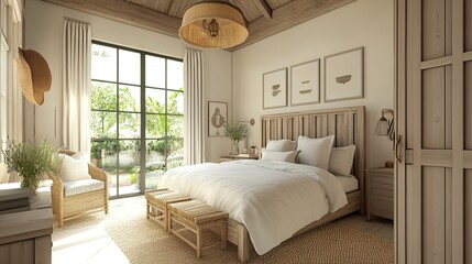 modern farmhouse bedroom, high-end design, wooden bedframe with soft linen bedding