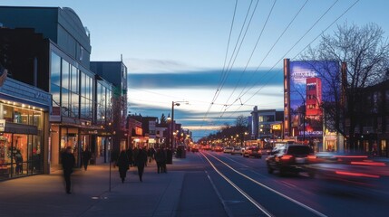 Evening city street scene with pedestrians and cars.