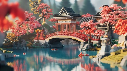 Naklejka premium Miniature Asian village scene with a serene bridge over a tranquil water, surrounded by cherry blossom trees and traditional architecture.