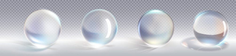 Glass ball 3D collection on transparent background with light reflection and rainbow refraction effects. Realistic white spheres with optical distortion for graphic design and gaming assets.