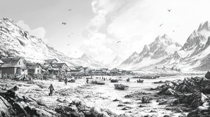 Monochrome coastal village nestled in snow-capped mountains.
