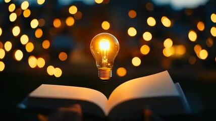 Bright idea concept, A glowing light bulb hovers above an open book, surrounded by soft, sparkling lights, symbolizing knowledge and inspiration.