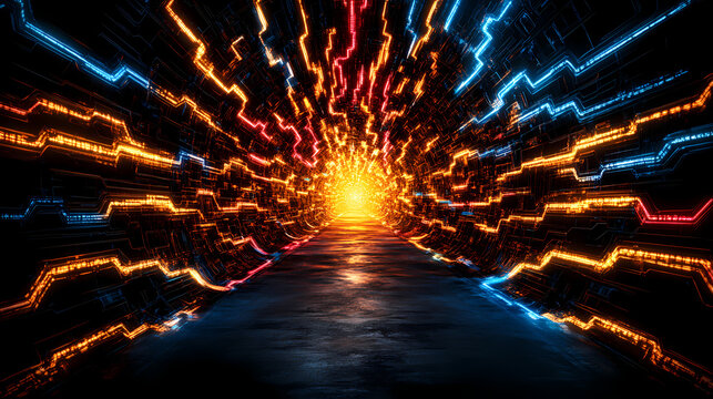 Vibrant tunnel of light with intricate cybernetic patterns, showcasing radiant holographic effects and dynamic energy flow, creating futuristic atmosphere