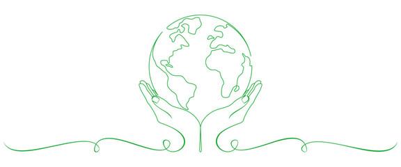 Earth Day line art style. Globe with Hands in simple linear style. Line vector elements
