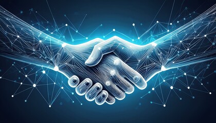 A digital handshake on a blue tech background with abstract hands made of lines, dots, and triangles.