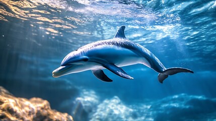 Naklejka premium Dolphin swimming underwater. Concept of marine life, ocean wildlife, and aquatic animals.