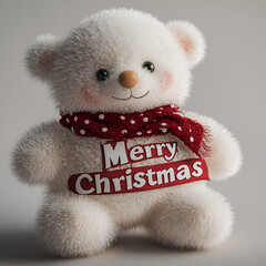 Adorable Christmas Teddy Bear with Red Festive Sweater on Blurred Holiday Background
