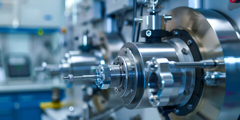 Fototapeta premium Industrial High-Tech Machinery in Modern Laboratory, Precision Engineering Machine with Metallic Details