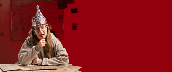 Female conspiracy theorist in protective foil cap and glasses debunks myths coughing with flu...