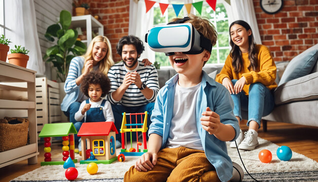A joyful child explores virtual reality while family members laugh and watch in a modern, colorful living room