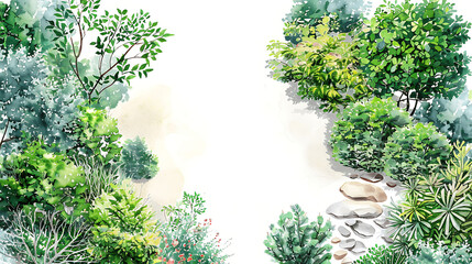 Hand-painted watercolor trees and planst. Top down view of plants, shrubs, paths landscape design materials for architecture plans. Landscape layout plan and architecture drawing elements