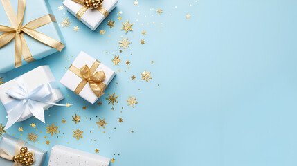 realistic close up view photography of a Merry Christmas and Happy Holidays greeting card, frame, banner White Christmas gifts golden ribbons, ornaments on blue background top view. 