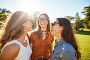Fototapeta premium Three Young Women Laughing Together in a Beautiful Park Setting, Perfect for Social Media, Advertising, and Friendship Campaigns