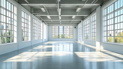 Empty Industrial Loft Space with Large Windows. Concept of Modern Design, Open Space, and Urban Cityscape.