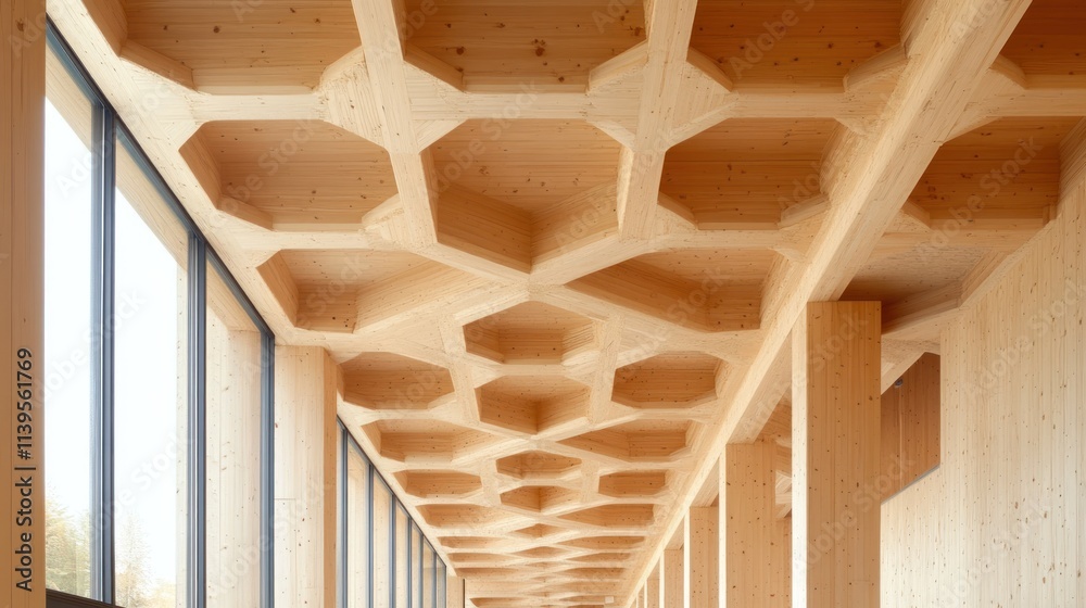 Poster a wooden corridor featuring a honeycomb-patterned ceiling and large windows for natural light.