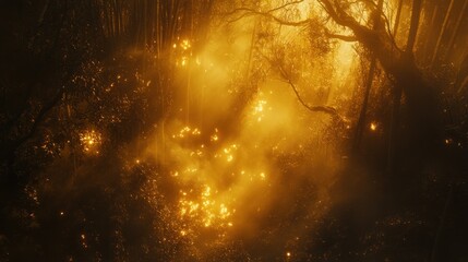 Fototapeta premium Golden light illuminates a misty forest path at night, creating a magical, ethereal atmosphere.