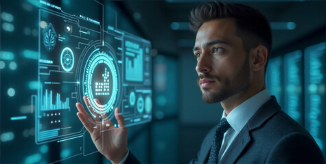 A conceptual AI Artificial Intelligence, Data Science, and Information Technology scene featuring a businessman interacting with a virtual screen.
