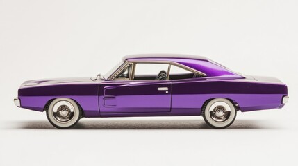 Purple classic muscle car toy model, side view on white background.