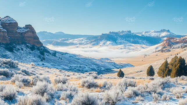 Winter Mountain Valley Landscape. Scenic view of a valley covered in snow and frost.