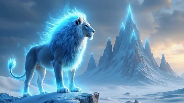 A lion with a mane made of burning blue fire, standing atop a crystal mountain surrounded by a vast desert of glass.
