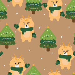 Seamless pattern cartoon deer and tree christmas. cute christmas and winter wallpaper for fabric print, gift wrap paper