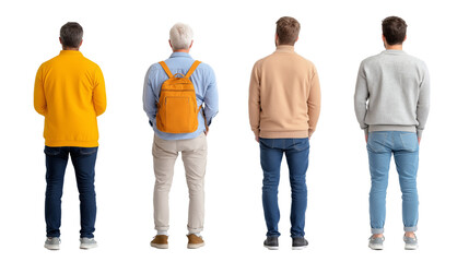 Group of diverse men standing in line, showing back views, wearing casual outfits, isolated PNG transparent background.