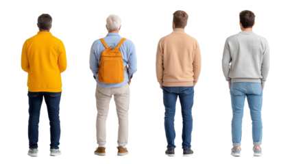 Group of diverse men standing in line, showing back views, wearing casual outfits, isolated PNG transparent background.