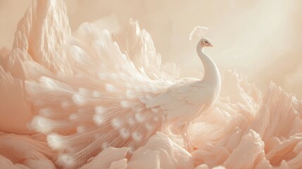 Majestic white peacock with fanned tail feathers, standing amidst soft peach-colored plumes.