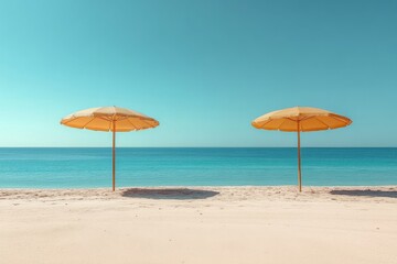 A pair of umbrellas on a sandy beach under a clear blue sky, representing relaxation and vacation vibes. Generative AI