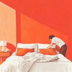 A person making a bed in a brightly colored bedroom with warm sunlight.