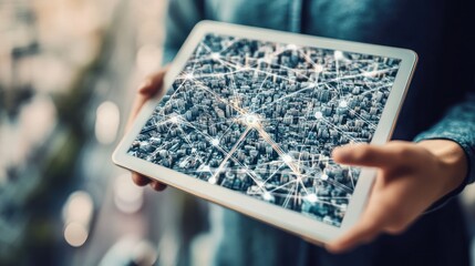 Person holding tablet displaying city map with network connections.