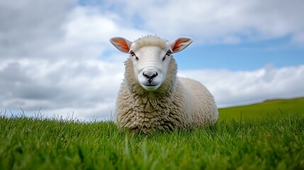 Obraz premium Sheep resting in a grassy field. Concept of farm animals and rural life.