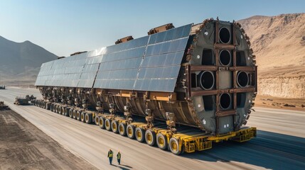 Massive solar panel array transported on a heavy-duty vehicle across a desert landscape.