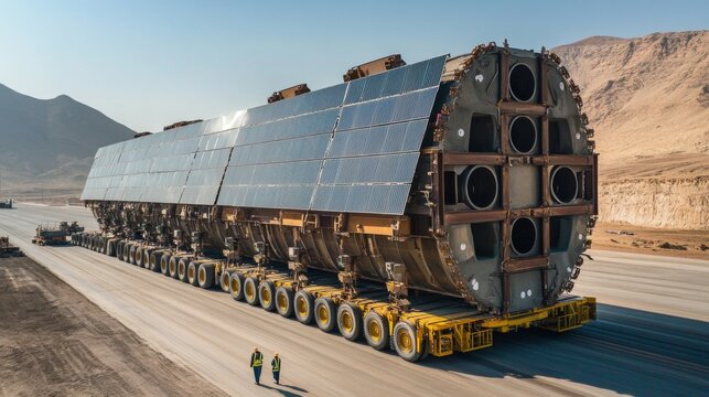 Massive solar panel array transported on a heavy-duty vehicle across a desert landscape.