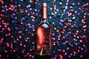 Fototapeta premium Bottle of pink wine is surrounded by confetti