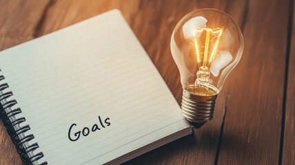 Bright idea concept, A notebook with "Goals" written on it beside a glowing light bulb, symbolizing ideas and aspirations.