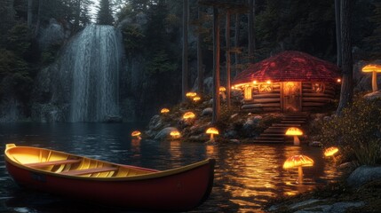 Magical cabin nestled by a serene lake, lit by glowing mushrooms and a cascading waterfall in a dense forest at night.