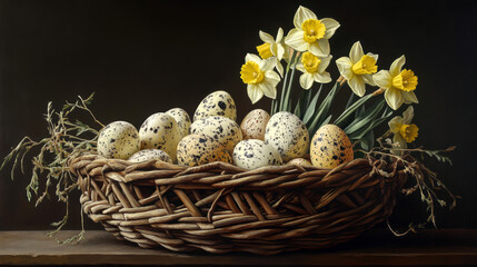 Obraz premium Rustic basket of speckled eggs and daffodils